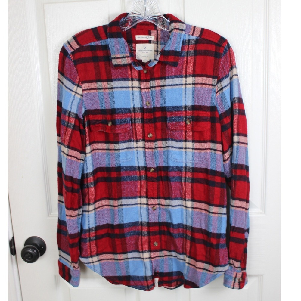 American Eagle Outfitters Flannel Shirt Mens Medium Red Blue Plaid Classic Fit